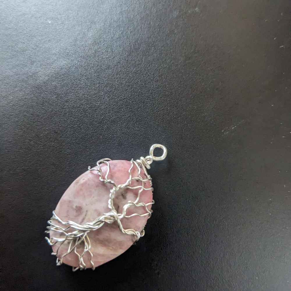 Tree of life pendant handmade with pink rhodonote.